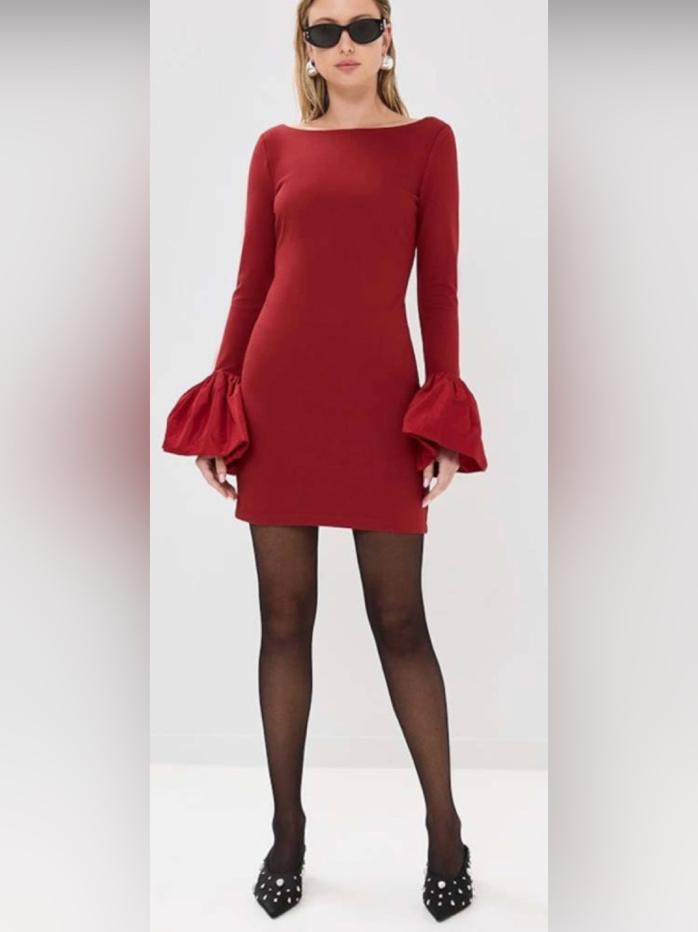 New Staud Hawthorne Bell-Sleeve Minidress Rouge Small $345 Rt